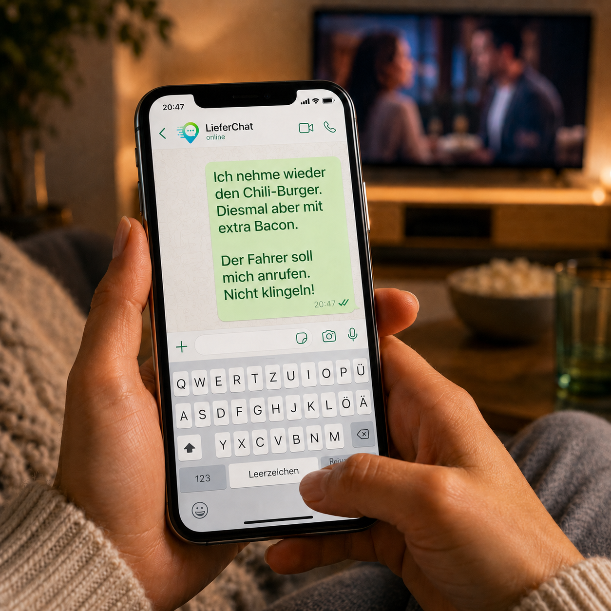 Hand hält Smartphone mit LieferChat WhatsApp-Bestellung
